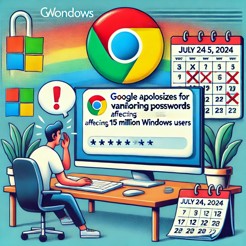 DALL·E 2024-07-31 15.52.08 - An illustration showing a frustrated user at a computer with the Google Chrome logo and a disappearing password icon. The background includes a Window